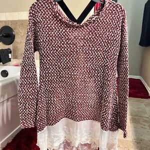 Altar'd State Maroon and White Knit Top with Lace Hem